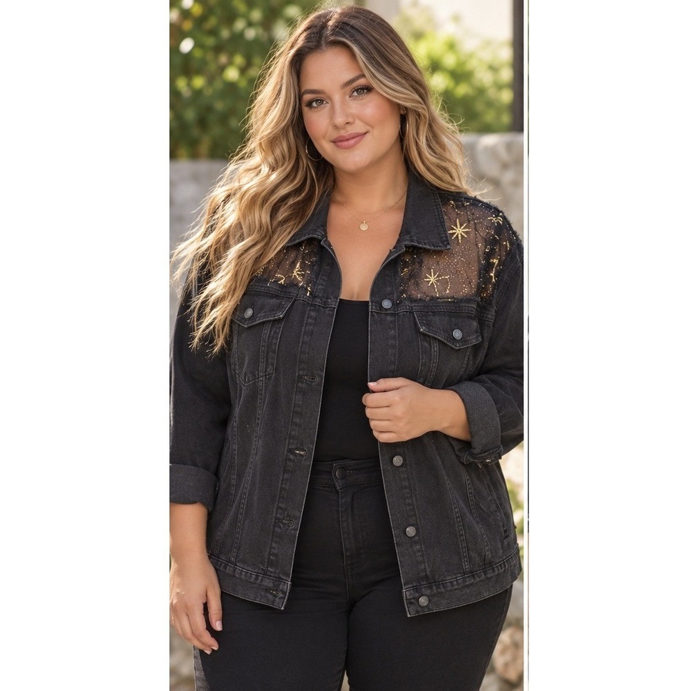 Handmade Upcycled Celestial Mesh Denim Jacket Black Wash Plus Size Whimsigoth